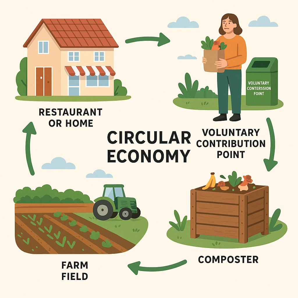 Image of the circular economy with a restaurant, a voluntary contribution point, a composter and at the end a farm field